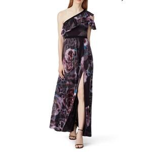 FUZZI dark purple black tulle ruffle one shoulder maxi gown SMALL